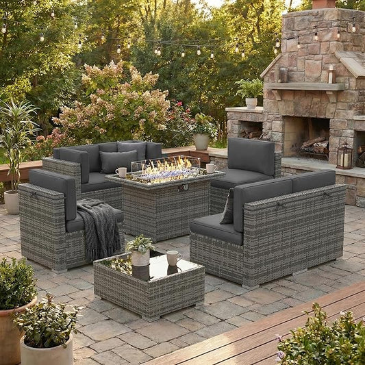 8 Pieces Patio Furniture Set with 44" Propane Gas Fire Pit Table, Outdoor Sectional Wicker Conversation Sofa Sets with Coffee Table
