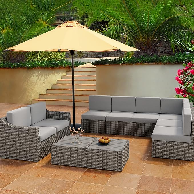 HAPPATIO 10 Piece Patio Conversation Set, Patio Furniture Set with Multiple Configuration Options,Rattan Wicker Outdoor Sectional Sofa. Easy Setup. (Gray/Beige)