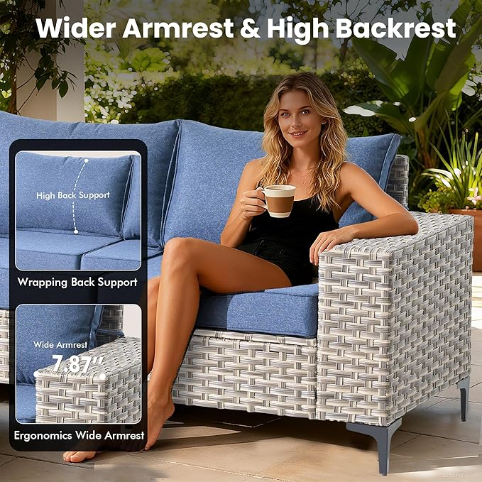 Patio Furniture Set,9 Pieces Outdoor Wicker Conversation Sets with 42 in Fire Pit Table,2 Wicker Rocking Chair & Coffee Table,Outdoor Sectional Sofa for Balcony Backyard Poolside Garden Lawn(Blue)