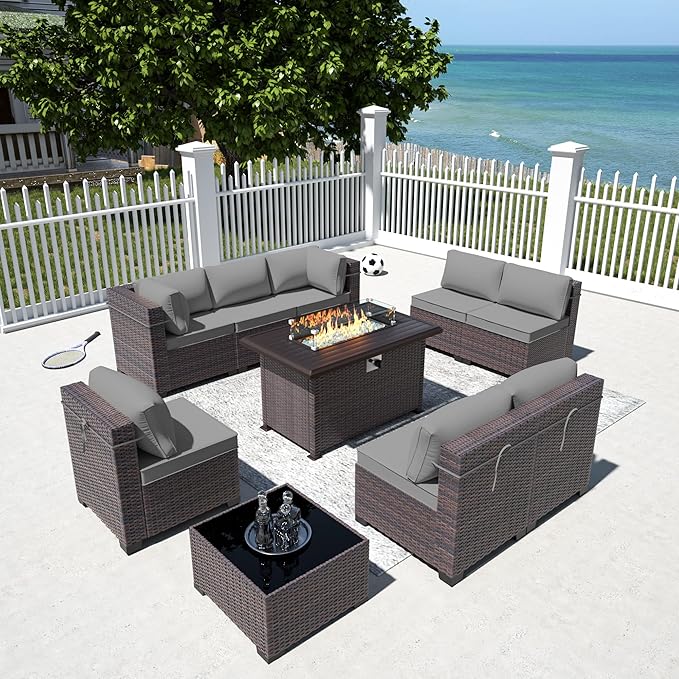 10 Pieces Outdoor Patio Furniture Set,Outdoor Sectional Furniture with 43" 55000 BTU Gas Propane Fire Pit Table,All Weather PE Rattan Wicker Patio Conversation Set,Grey