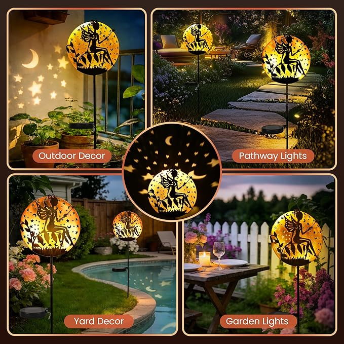 Solar Fairy Garden Lights, Metal Fairy Sculpture Pathway Stakes, Waterproof Outdoor Decorative Lights for Yard Patio Garden Porch, Gifts for Women Mom, 1 Pack