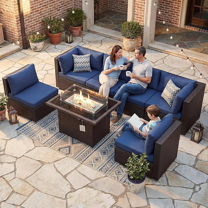 BULEXYARD 7-Piece Outdoor Patio Furniture Set with Propane/Natural Gas Fire Pit Table, Modular High-Back Sectional Couch Sofa, All-Weather Heavy Duty Backyard Seating, Brown Rattan & Navy Blue Cushion