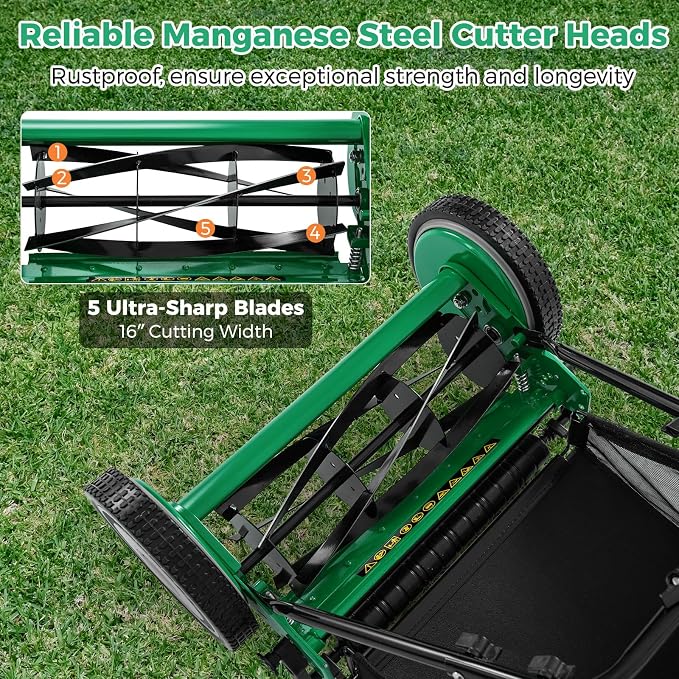 16" Manual Rear Mower, Push Lawn Mower with 5 Steel Blades, Adjustable Cutting Heights & Grass Catcher Bag, Walk-Behind Grass Cutter Lawn Sweeper for Garden, Park & Yard (Green) - Image 3