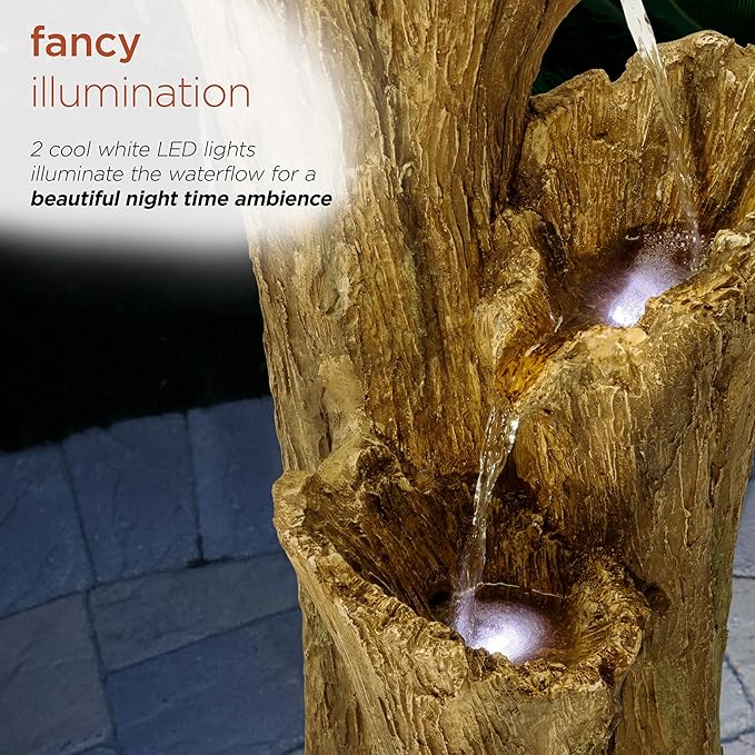 Alpine Corporation TZL210 39” Outdoor 3-Tiered Aged Log Water Fountain with LED Lights – Garden Water Feature for Patio, Lawn & Yard Decoration, Brown