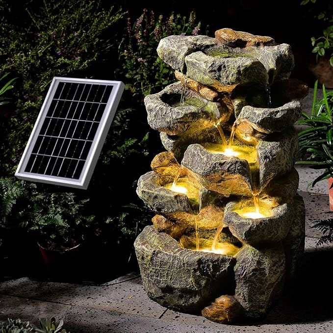 Solar Water Fountain Outdoor Garden,5 Tiered Cascading Rock Solar Powered Water Fountain Water Fall Fountains Outside with Lights for Backyard, Patio, Deck, Porch, 19.3" H x 12.2" L x 9.5" W
