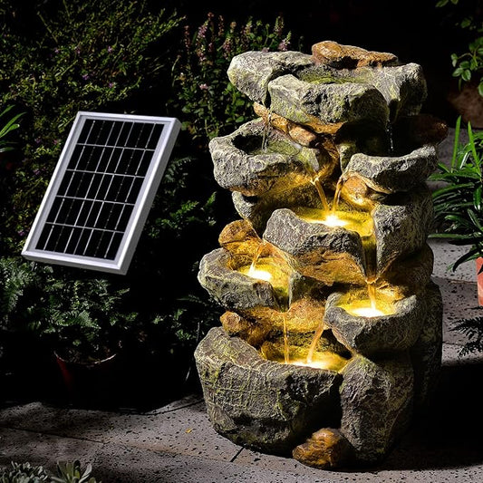Solar Water Fountain Outdoor Garden,5 Tiered Cascading Rock Solar Powered Water Fountain Water Fall Fountains Outside with Lights for Backyard, Patio, Deck, Porch, 19.3" H x 12.2" L x 9.5" W