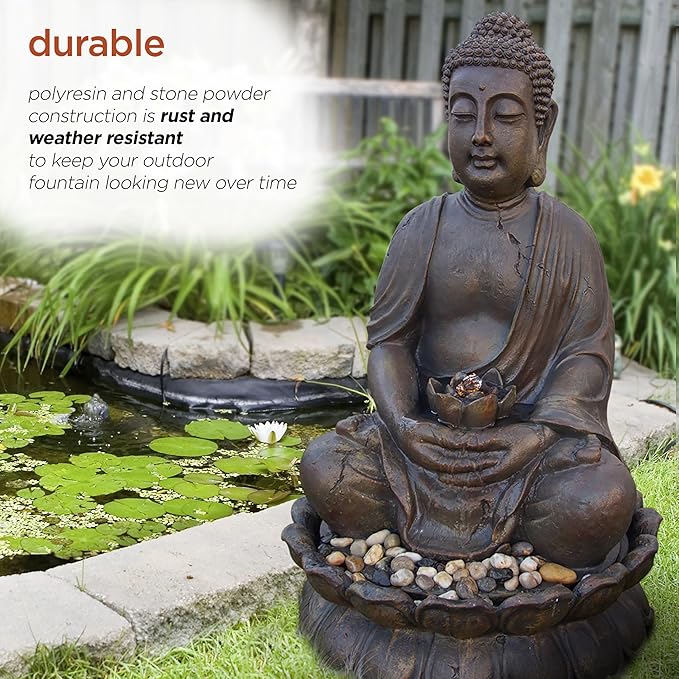 Alpine Corporation GEM122 Outdoor Floor Meditating Soothing Buddha Statue Waterfall Fountain for Garden, 33", Bronze