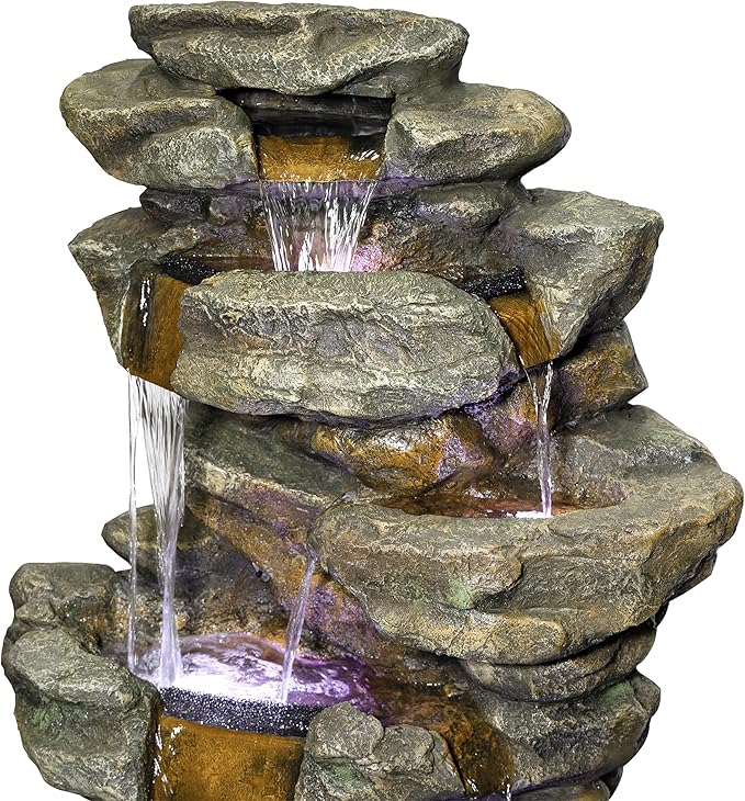 Alpine Corporation 51" Tall 6-Tier Outdoor Rainforest Waterfall Floor Fountain, Weather-Resistant Design with Color-Changing LED Lights & Remote Control, Gray