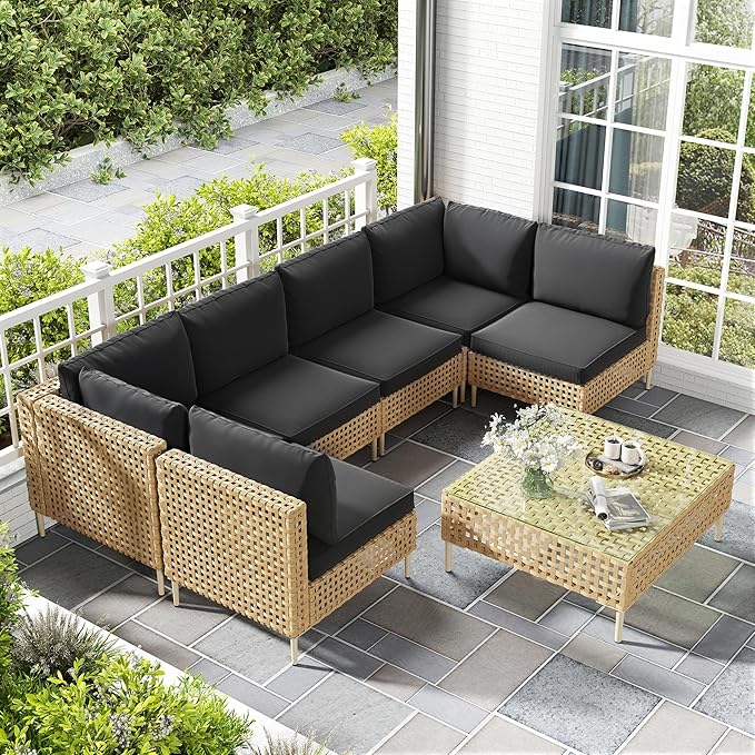 LHBcraft Patio Furniture Set, Large 7 Piece Wicker Outdoor Sectional Furniture Set with Coffee Table, Patio Conversation Sets Sofa, Hand Knitting, All-Weather Cushions for Backyard, Porch, Black