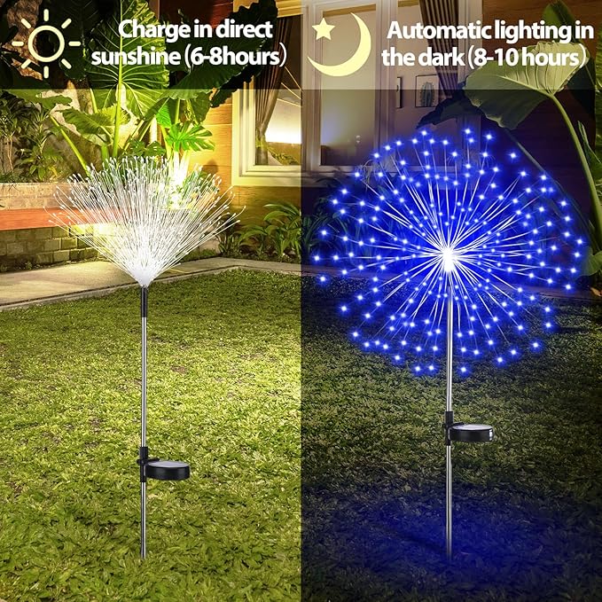 9 Pcs 4th of July Solar Firework Stake Lights 180 LED 8 Modes Solar Waterproof LED Sparkler Lights Outdoor Patriotic Decoration for Memorial Independence Day Garden Patio Yard (Red, Blue, White)