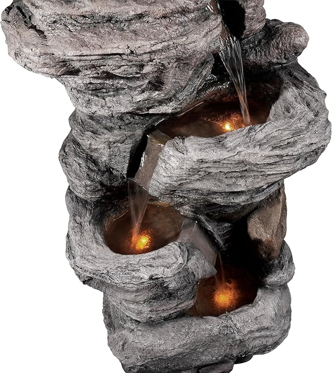 Teamson Home 39.37 in. Outdoor Faux Stacked Stone 4-Tier Water Fountain with LED Lights and Pump, Gray