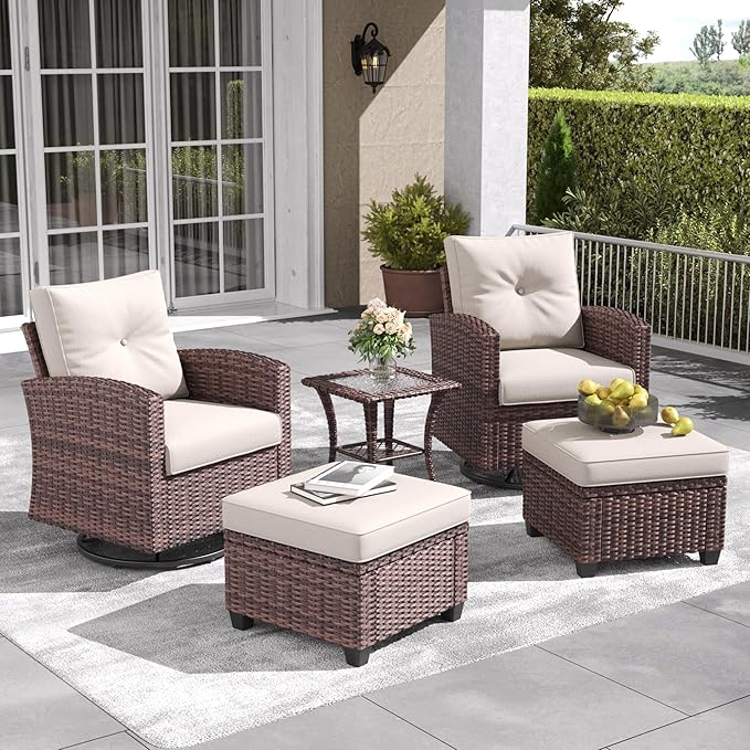 LayinSun 5 Pieces Patio Furniture Set with Swivel Chairs, Rattan Wicker Rocking Glide Chairs with Coffee Table Conversation Set