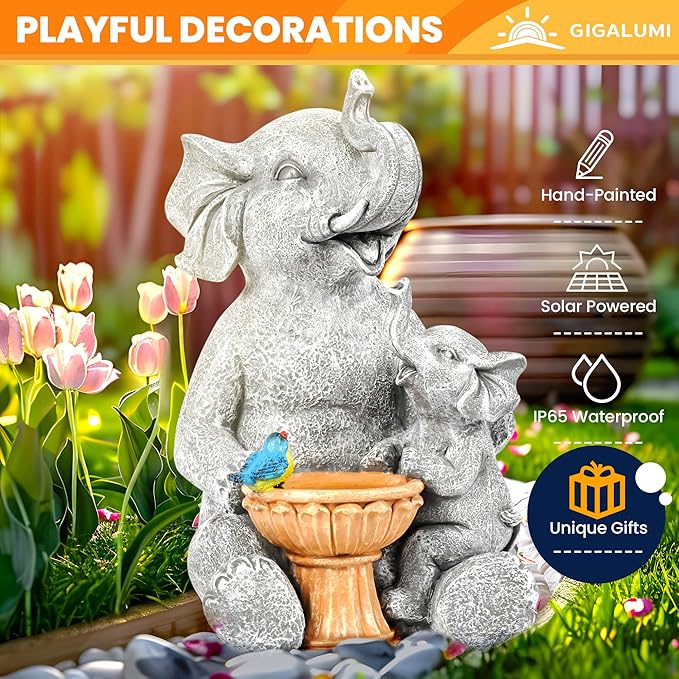 GIGALUMI Solar Garden Statues Bird Bath Elephant 9", Loving Elephant Decor, Yard Decorations Outdoor, Elephant Figurine Lights for Outside, Garden Decor Unique Housewarming Gifts for Women, Mom