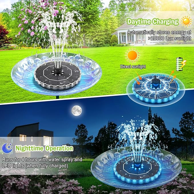 Solar Fountain, 2026 Upgrade 3.5W Solar Bird Bath Fountains with Colorful Ring LED Lights, 2000mAh Battery, 7 Nozzles and 4 Fixers, Solar Water Fountain Pump for Pond, Pool, Patio and Garden