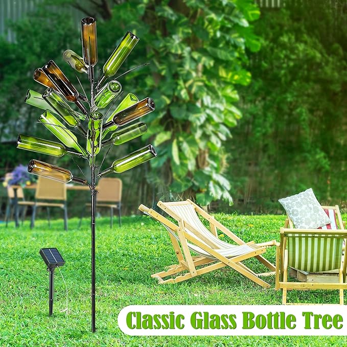 Meonum Solar Light Bottle Tree, 61" Metal Garden Sculpture for Yard & Patio Decor, Colorful Outdoor Wine Holder for Garden & Lawn Decoration, Holds 24 Glass Containers(Black)