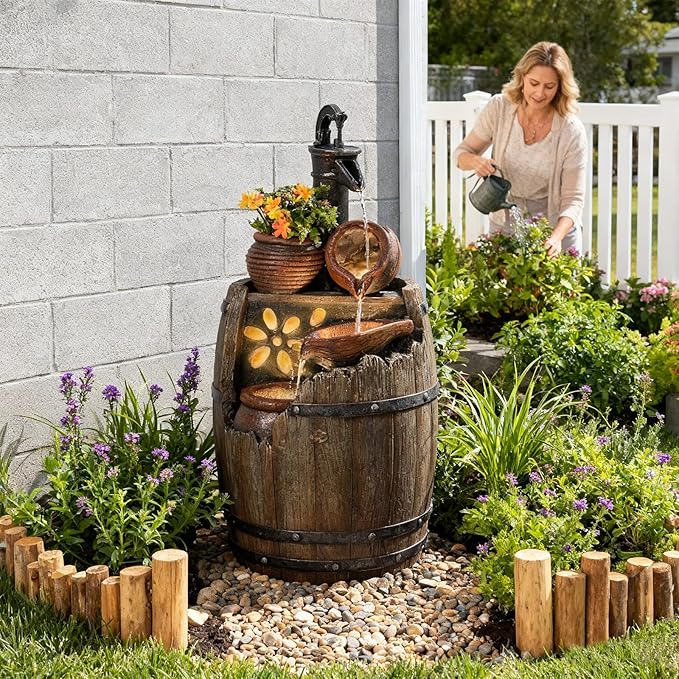 29" H Outdoor Water Fountain Pump and Barrel,4 Tiered Rustic Wood Barrel Cascading Waterfall Fountains Outside Feature with LED Lights for Garden, Patio, Porch, Backyard Decor