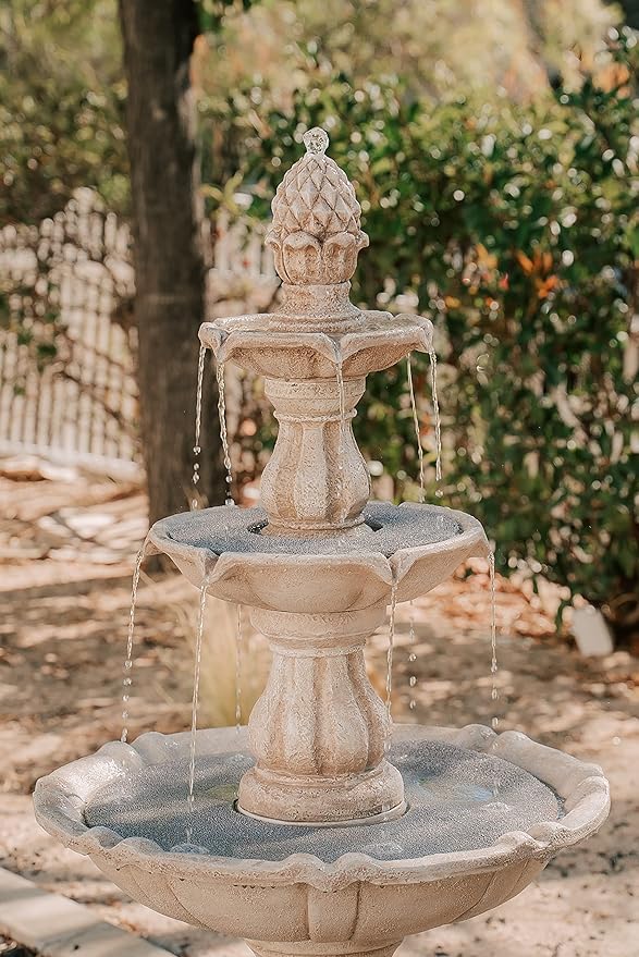 XBrand 51" 3-Tier Outdoor Freestanding Waterfall Fountain with Pump and Pineapple Finial, Beige
