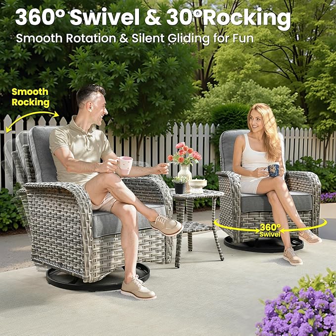 ovios 9-Piece Patio Furniture Set with L-Shape Sofa Chaise, Outdoor Sectional Couch Swivel Gliders Fire Pit Table Solar Table, Modern Modular Wicker Rattan Conversation Set, Dark Grey