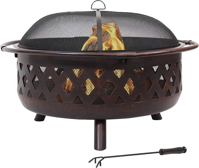 Sunnydaze Crossweave Outdoor Fire Pit - Wood-Burning Fire Pit for Outside with Spark Screen, Poker and Round Cover - 36-Inch - Bronze by SunnydazeDecor
