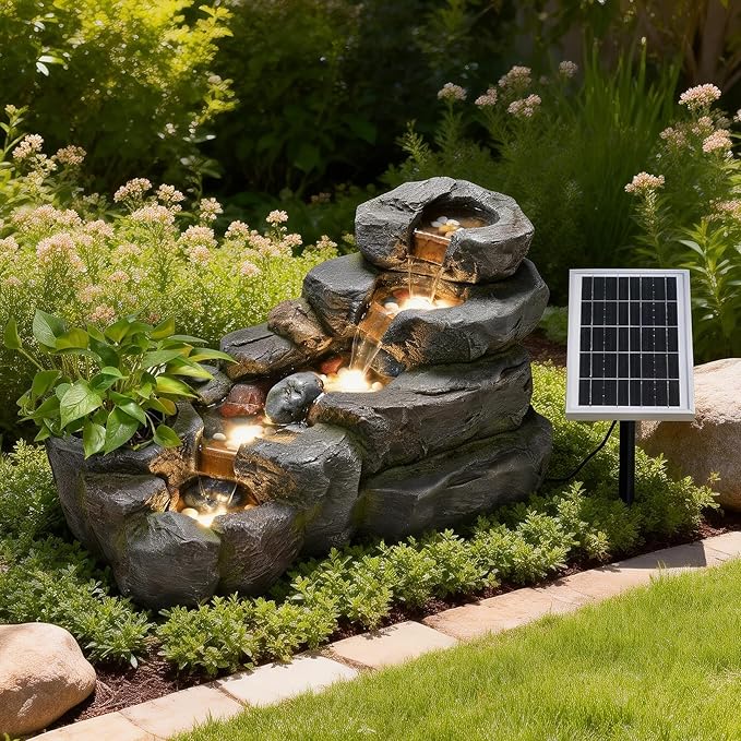 38.2" L Solar Water Fountain Outdoor Garden 5 Tiers Floor Standing Rock Natural Waterfall Outdoor Fountains with LED Lights and Planting Pot for Patio, Porch,Backyard,Home Art Decor
