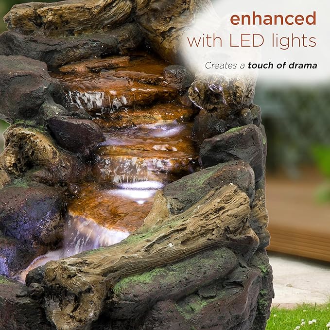 Alpine Corporation TZL296 41" Long Indoor/Outdoor River Rock and Log Fountain with LED Lights – Outdoor Water Feature for Garden, Patio, and Home Décor, Brown