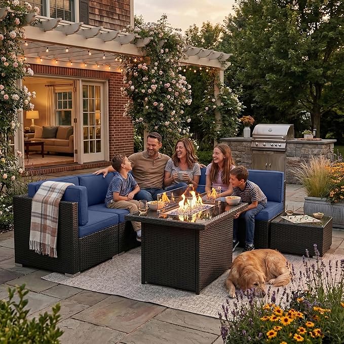 8 Pieces Patio Furniture Set with 44" Propane Gas Fire Pit Table, Outdoor Sectional Wicker Conversation Sofa Sets with Coffee Table