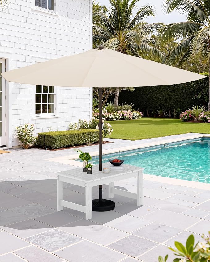 SERWALL Outdoor Coffee Table with 9FT Umbrella, HDPE Patio Coffee Table for Outside, Rectangle, White(Not Include Umbrella Base) - Image 2