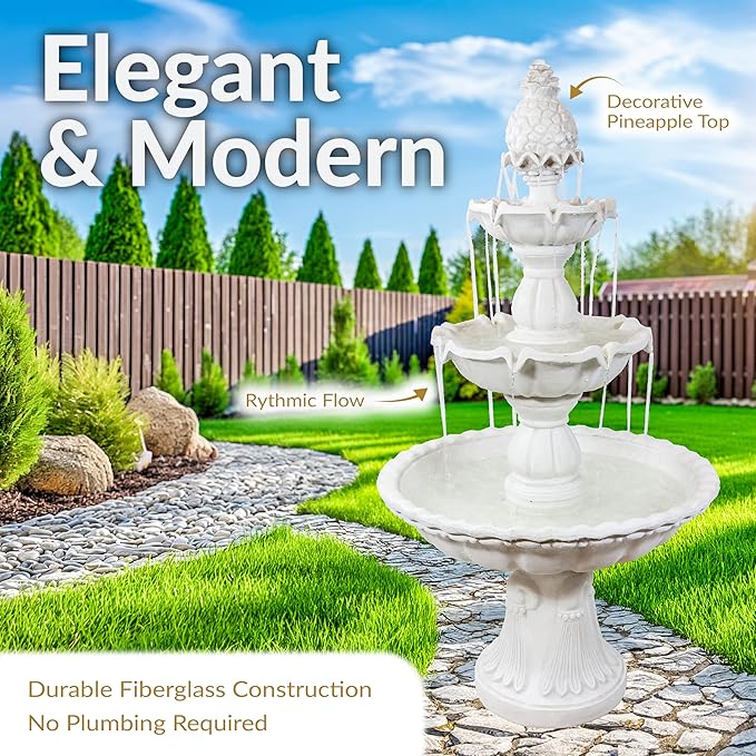 Sunnydaze 57" H Welcome 3-Tier Water Fountain - Large Electric Water Fountain with Pineapple Topper for Garden, Patio or Yard - White