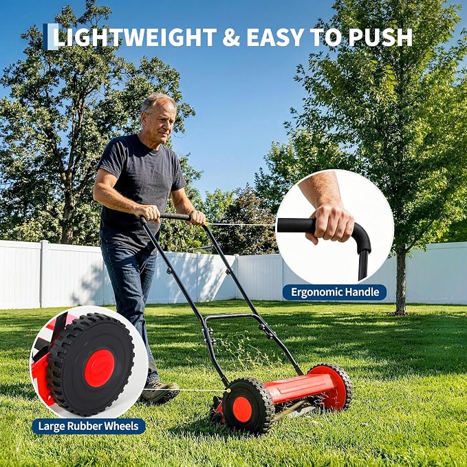 14" 5-Blade Push Reel Lawn Mower, Manual Push Mower with Adjustable Cutting Height, Compact Lawnmower for Small to Medium Yard and Field, Lightweight Hand Reel Push Mower, Red - Image 6