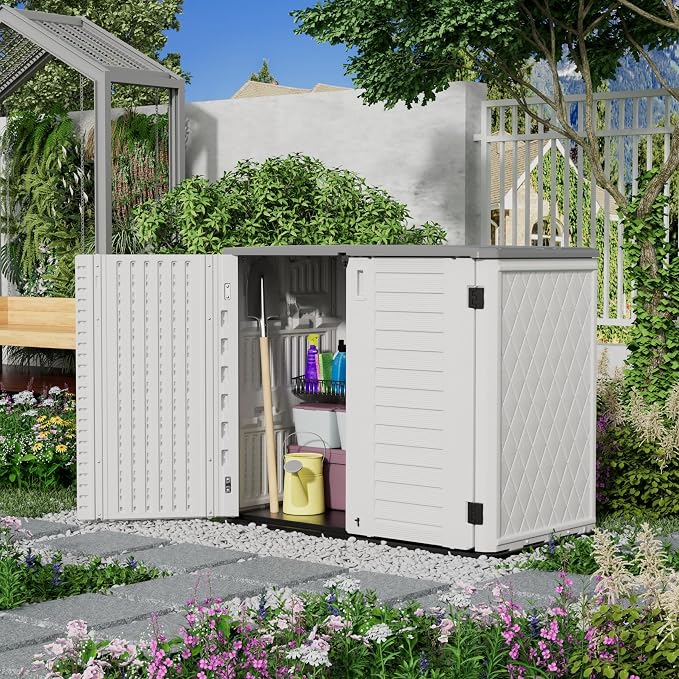 Mrosaa Outdoor Patio Storage Shed,Waterproof Horizontal Outdoor Storage Cabinet for Garbage Cans,Tools and Lawnmower Lockable(34 Cu.ft-Warm-White) - Image 6