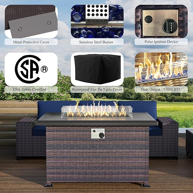 13 PCS Outdoor Patio Furniture Set,Outdoor Sectional Furniture with 43" 55000 BTU Gas Propane Fire Pit Table,All Weather PE Rattan Wicker Patio Conversation Set,Navy Blue