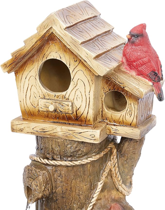 Alpine Corporation ZEN552 Outdoor Multitiered Birdhouse with Cardinal and Squirrels Water Floor Fountain for Patios, Gardens, and Yard Decor, 24" H, Brown