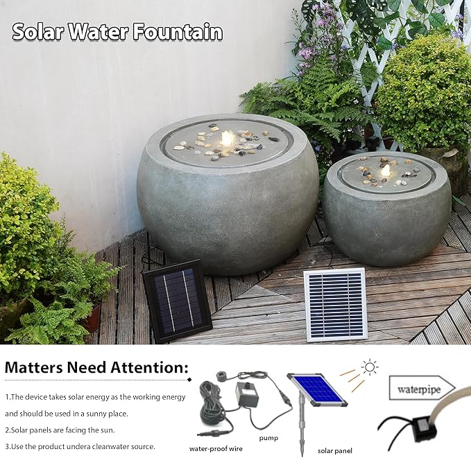 Solar Water Fountain Outdoor Garden Bubbler Water Feature Fountains Solar Powered with Pebbles for Patio Deck Yard Home Decor Gray, 18 "L x 18" W x 11.5" H