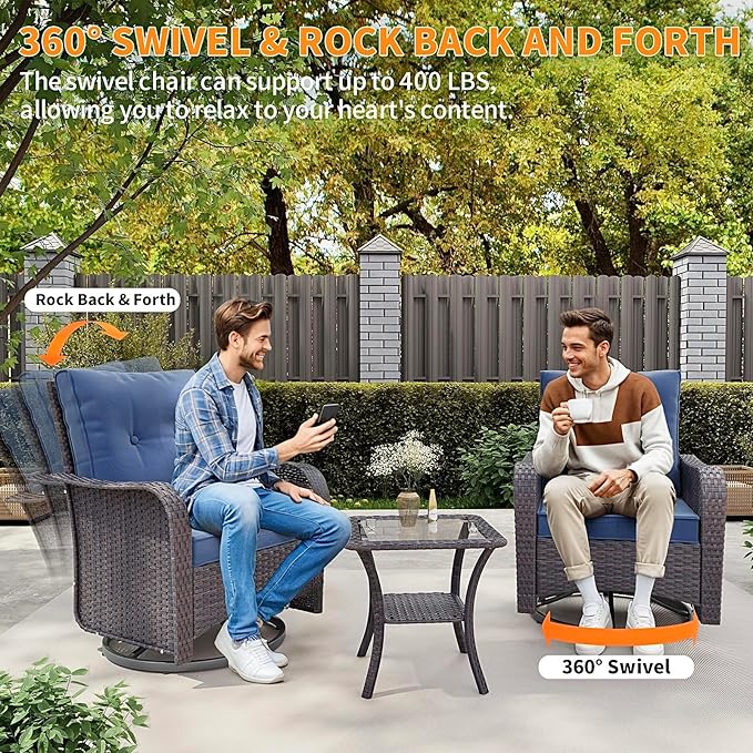 Gotland 9 Pieces Patio Furniture Set with 2 Swivel Chairs, 7-Seater Patio Furniture in 4 Combinations with Wide Armrests 29.5'' High Backrest, Wicker Outdoor Sectional for Deck Garden Pool Navy
