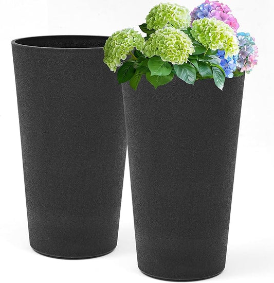 24" Tall Planters Set of 2, High-Density Resin Charcoal Outdoor Pots for Plants, Versatile Indoor/Outdoor Flower Pots w/Drainage Hole for Patio, Garden, Porch & Living Room Decor, Ideal Gift