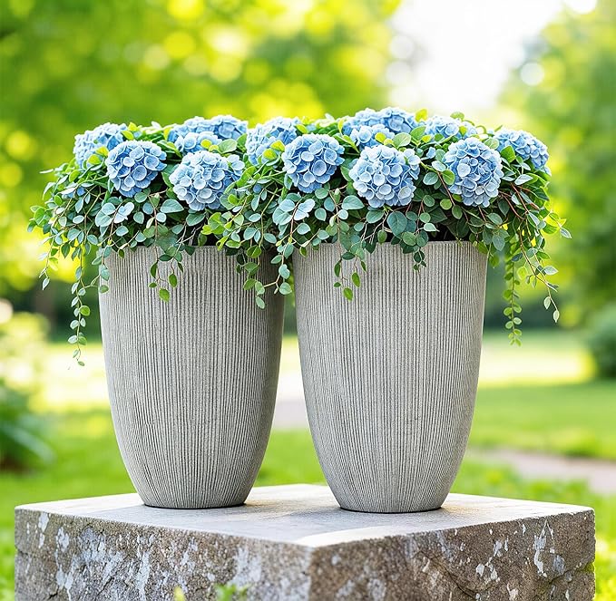 19" Tall Planter for Indoor Outdoor Plants, Set of 2 Large Flower Pot with Drainage Hole, Weather/UV-Resistant Resin Planters for Garden Patio Porch Home office Decor, Mediterranean Beige Fluted
