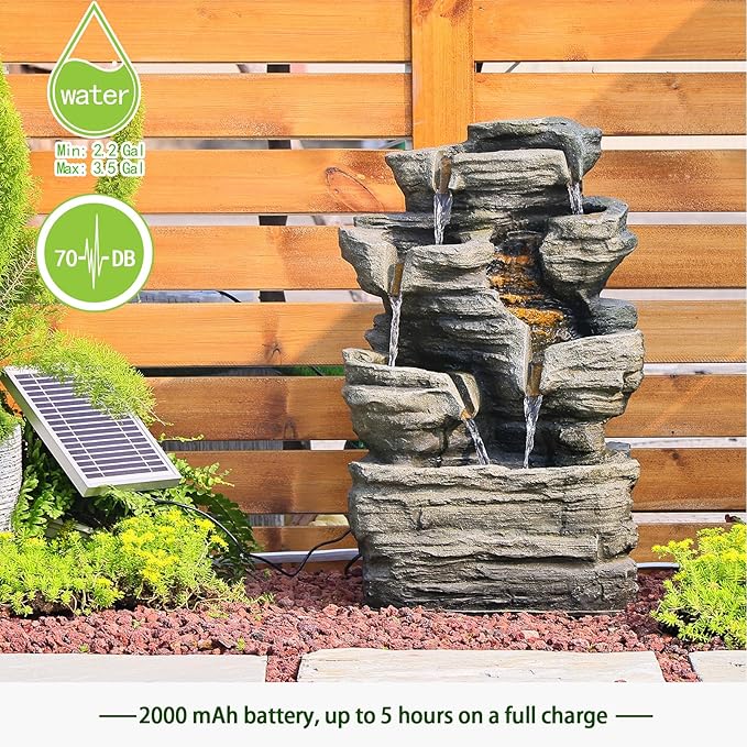 6 Tier Cascading Rock Solar Water Fountain Outdoor Garden Waterfall Decor for Garden, Patio, Backyard, Deck, Porch and Home Art Decor,24.4" H Outdoor Fountain with LED Lights