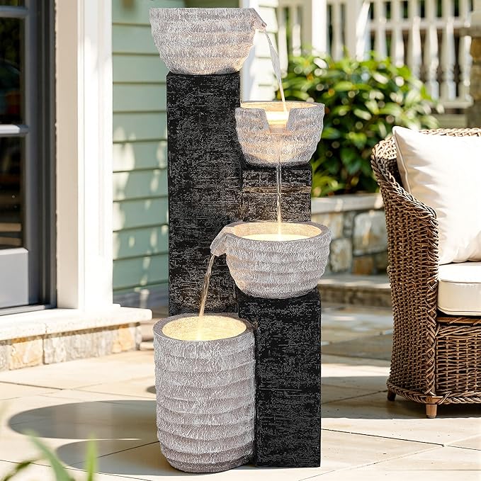 40" H Outdoor Water Fountain with LED Lights & Pump, Multilayer Cascading Polyresin Fountain, Sand-Textured Freestanding Garden Fountain for Tranquil Garden, Patio or Porch