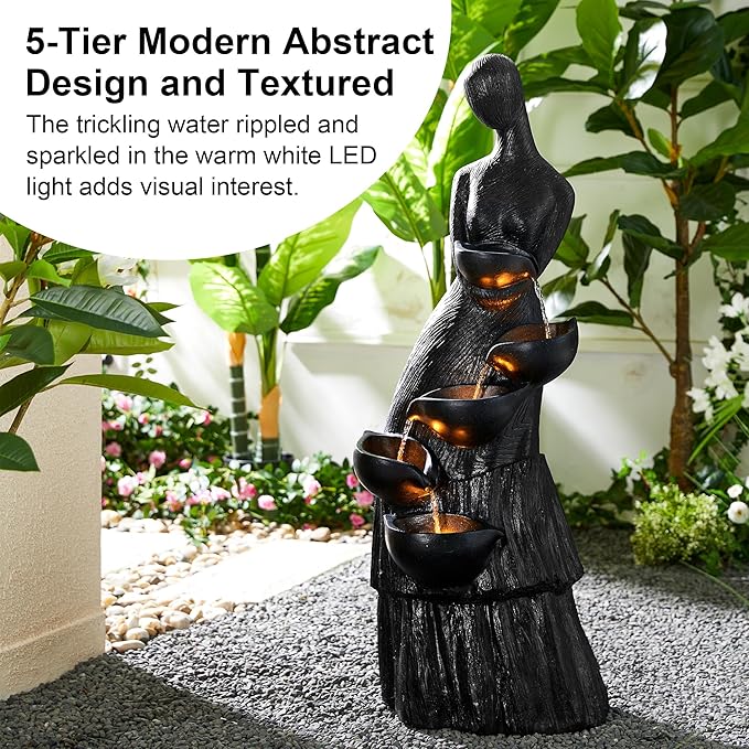 Glitzhome 39.75" H Modern Abstract Women Sculpture Outdoor Water Fountain, 5 Tier Woman Statue Waterfall Fountain with LED Lights and Pump for Porch Deck Garden Patio Backyard