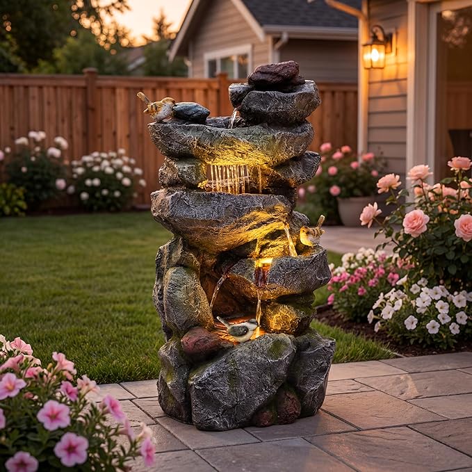 31.5" H Multi-Tier Rock Outdoor Water Fountain with LED Lights and Pump, Garden Fountain Waterfall for Patio, Porch, or Yard