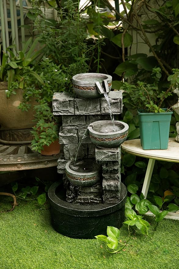 Cheng Pin 3 Tiers Water Fountain Outdoor - 28 Inch Tall Cascading Bowls and Stacked Stones Design, Create Relaxing Waterfall Flow Water Feature for Your Garden, Patio, Backyard,Lawn