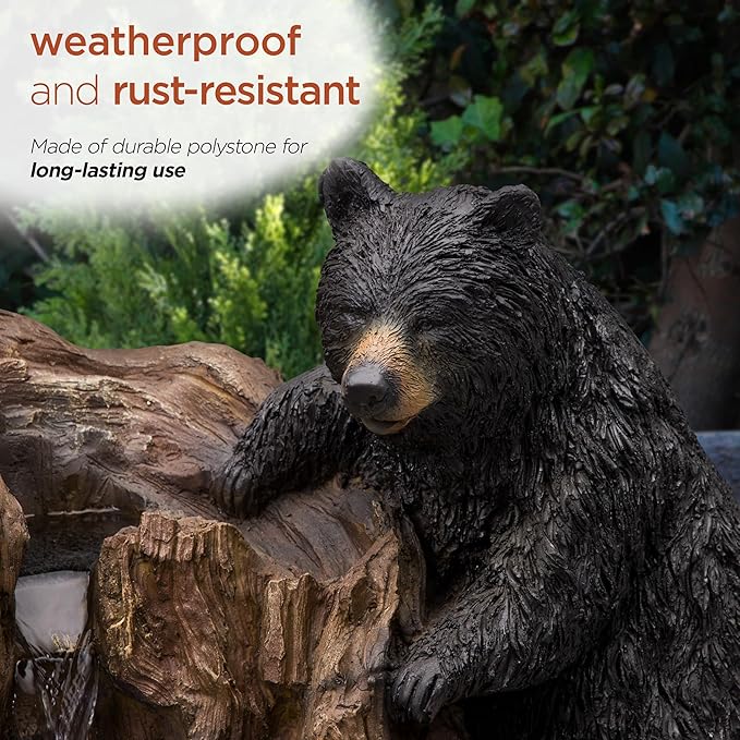 Alpine Corporation GXT252 24" Outdoor Floor Bears Climbing Fountain with LED Lights, Playful Bears Garden Water Feature, Cascading Waterfall for Backyard & Patio Décor, Brown/Black