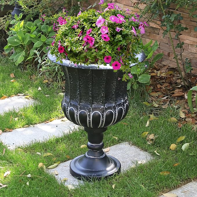 Worth Garden 25" H. Metal Urn Planters 1-Pack - Black Classic Antique Iron Plant Pots - Large Decorative Rustic Flower Pots for Outdoor Use - Traditional Urn Planter for Patio, Front Porch