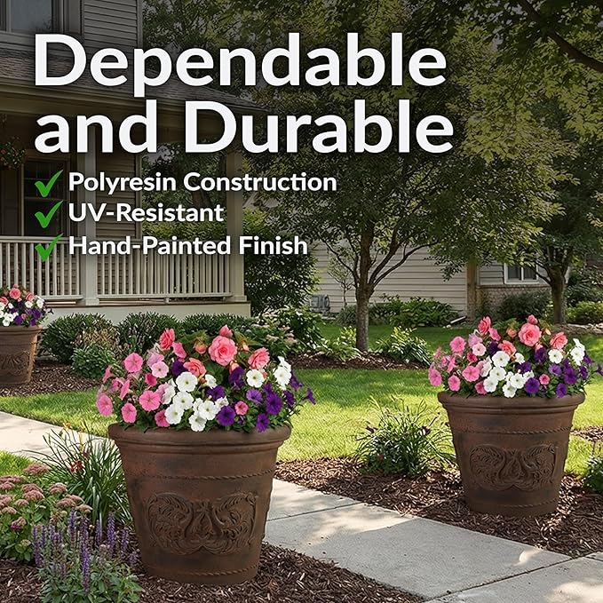 Sunnydaze 19.5-Inch Arabella Large Plastic Pot for Plants - Outdoor Double-Walled Polyresin Large Plastic Planter with Drillable Drainage Holes - Rust