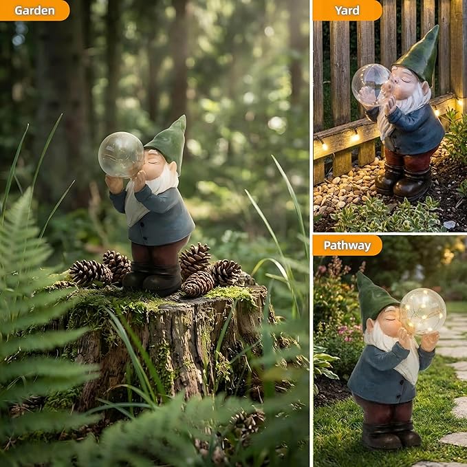 Solar Garden Gnome Statue with Light-Up Bubble, Whimsical Outdoor Decor Figurine with LED Fairy Lights for Patio, Lawn, Yard Art - Unique Waterproof Resin Gardening Gift