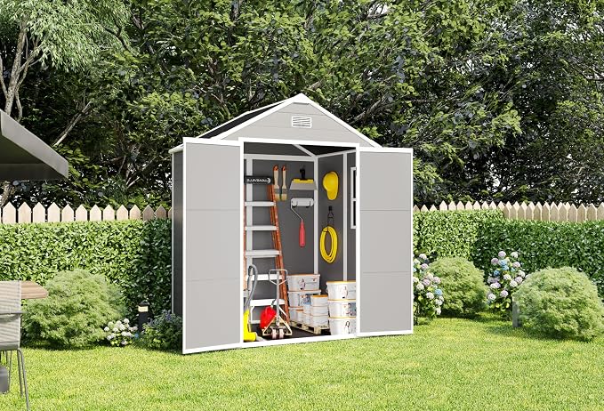 YOPTO 6x5 FT Resin Storage Shed,Garden House with Floor & Lockable Door,Waterproof Plastic Tool Sheds W/Slanting Roof Visual Window & Air Vents for Bicycles,Lawnmowers,Lawn,All Weather Use,Gray - Image 10