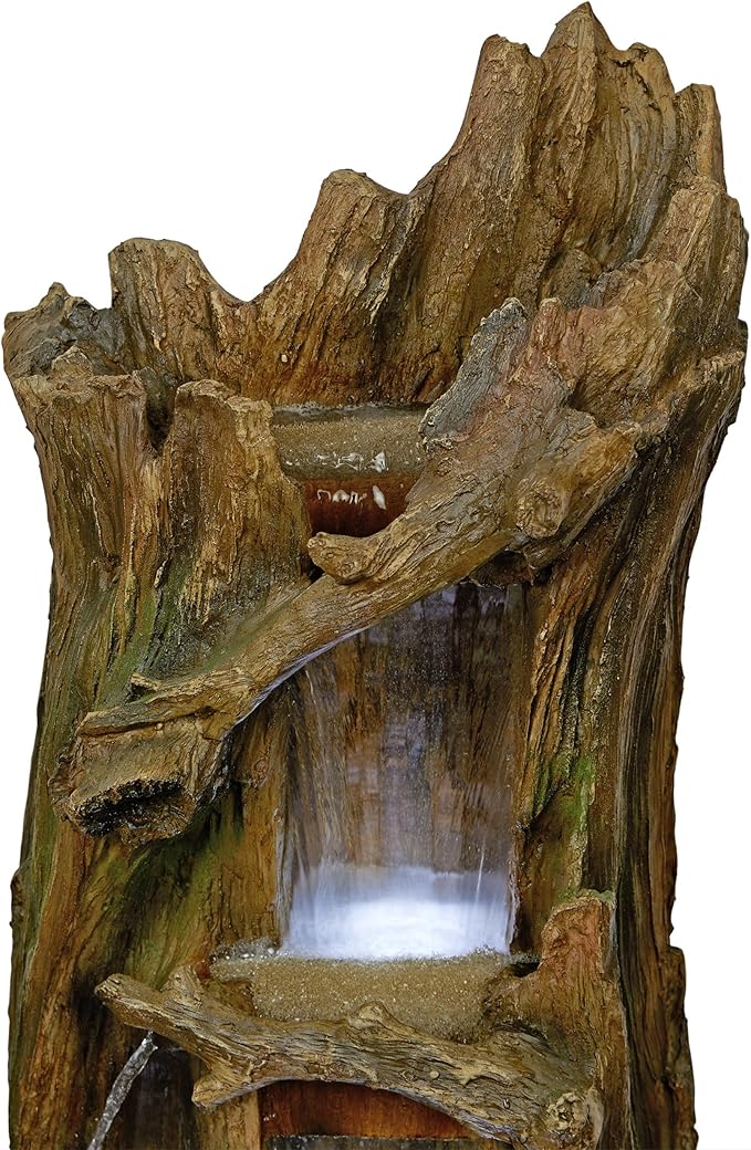 Alpine Corporation TZL346 Outdoor 3 Tier Tree Trunk Floor Fountain with Cool White LED Lights, Tiered Garden Decor, 40" H, Brown