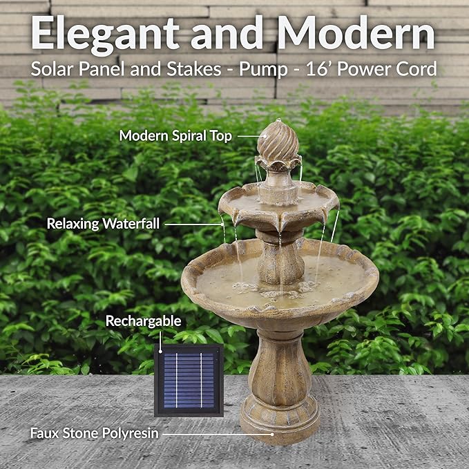 Sunnydaze 35" Solar 2-Tier Outdoor Water Fountain - Outdoor Water Fountain with Battery Backup and Pump - Earth