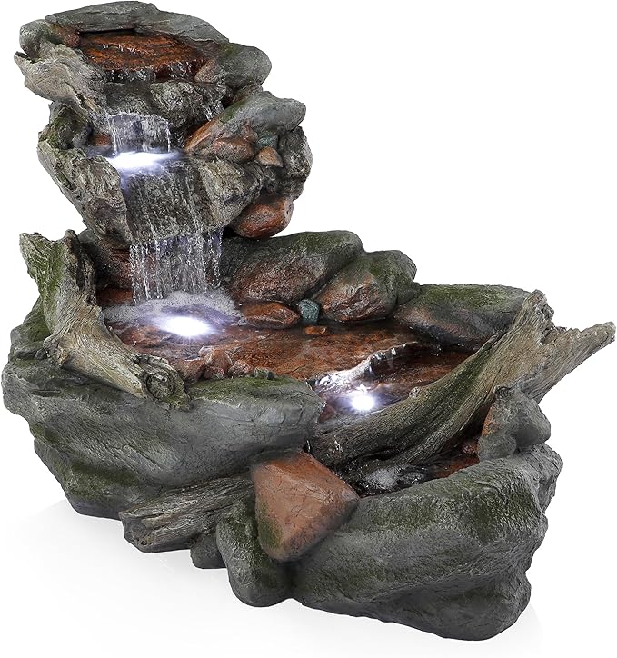 Alpine Corporation | 60"L Outdoor 3-Tier Rainforest Rock River Hand-Painted Water Fountain with LED Lights — Garden, Patio & Yard Décor