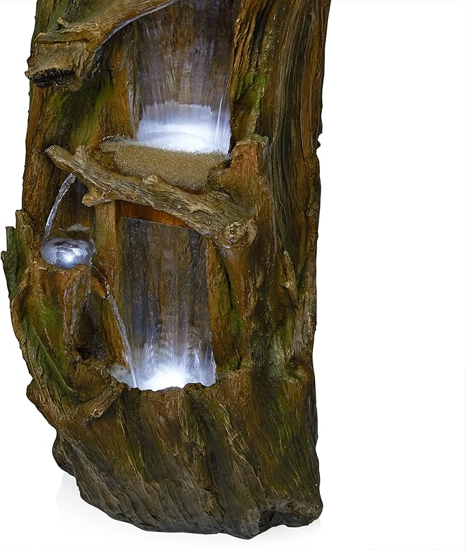 Alpine Corporation TZL346 Outdoor 3 Tier Tree Trunk Floor Fountain with Cool White LED Lights, Tiered Garden Decor, 40" H, Brown